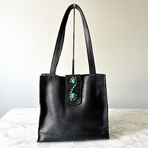 Eternal Perspective HANDBAG. Black Leather Tote Bag with Turquoise Accents